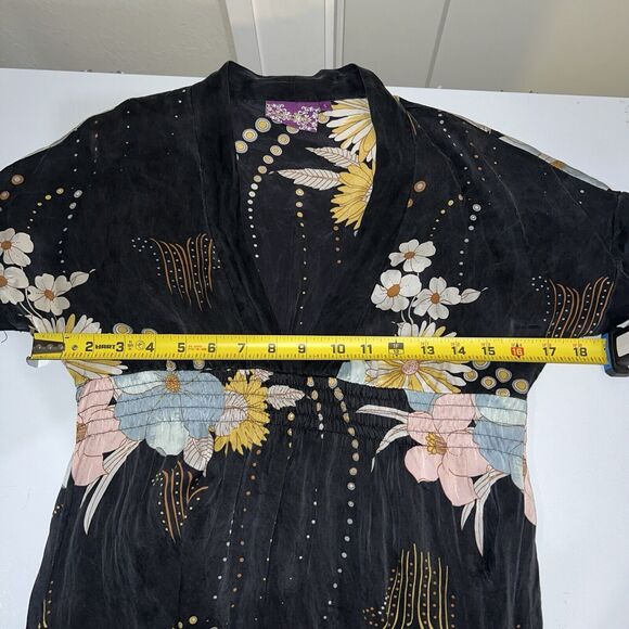 Yumi Kim Black 100% Silk Babydoll Tunic Dress Small Floral V-Neck Short Sleeve - Picture 12 of 13